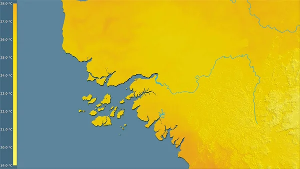 Średnia Temperatura Najcieplejszego Kwartału Obszarze Gwinei Bissau Projekcji Stereograficznej Legendą — Zdjęcie stockowe