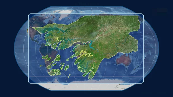 以透视线与Kavrayskiy投影中的全球地图对齐的方式放大了几内亚比绍的轮廓 形体中心 卫星图像 — 图库照片