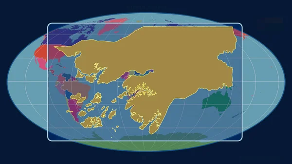 在Mollweide投影中 以透视线与全球地图对齐 放大了几内亚比绍的轮廓 形体中心 行政区划的彩色地图 — 图库照片