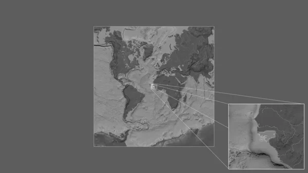 世界の大規模な地図から抽出されたギニアビサウの拡大拡大領域と フレームの隅を結ぶ主要線 標高マップ — ストック写真