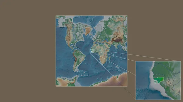 从世界大比例尺地图中提取出的几内亚比绍扩大和扩大的地区 其主要线连接了框架的各个角落 彩色物理图 — 图库照片