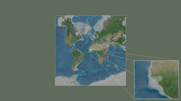 世界の大規模な地図から抽出されたギニアビサウの拡大拡大領域と フレームの隅を結ぶ主要線 衛星画像 — ストック写真