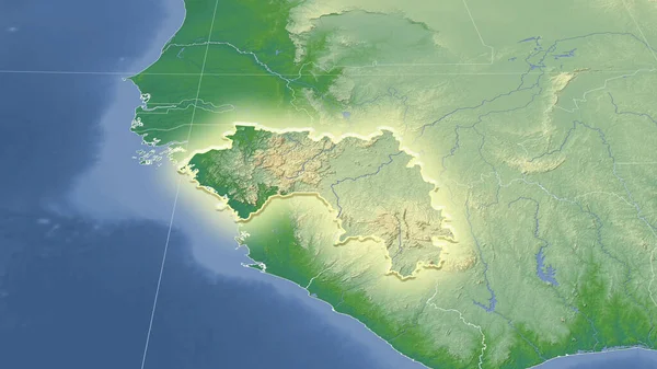 Гвинея Окрестности Далекая Косовая Перспектива Форма Светилась Физическая Карта Цвета — стоковое фото