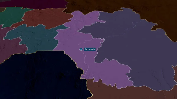 Faranah - region of Guinea zoomed and highlighted with capital. Colored and bumped map of the administrative division. 3D rendering