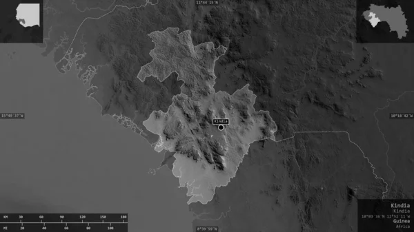 Kindia Region Gwinei Mapa Szarości Jeziorami Rzekami Kształt Przedstawiony Swoim — Zdjęcie stockowe