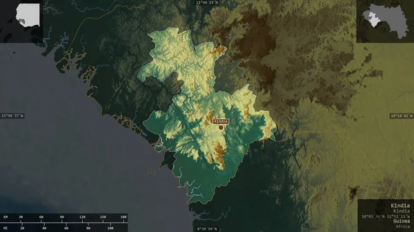 Kindia Región Guinea Relieve Colores Con Lagos Ríos Forma Presentada — Foto de Stock