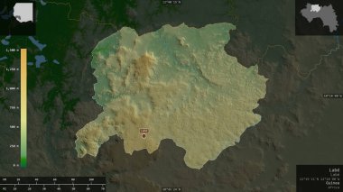Laboratuvar, Gine bölgesi. Gölleri ve nehirleri olan renkli gölge verileri. Ülke alanına karşı bilgilendirici örtülerle sunulan şekil. 3B görüntüleme