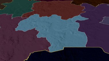 Mamou - Gine bölgesi yakınlaştırıldı ve altı çizildi. İdari bölümün renkli ve çarpık haritası. 3B görüntüleme