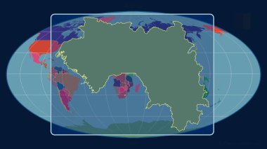Mollweide projeksiyonundaki küresel bir haritaya karşı perspektif çizgileriyle Gine 'nin ana hatlarını yakınlaştırdım. Şekil merkezli. idari bölümlerin renk haritası