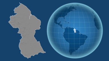 Guyana. Yakınlaştırılmış haritaya karşı ülkenin şekline sahip dünya mavi arka planda izole edilmiş. Gri tonlama yükseklik haritası