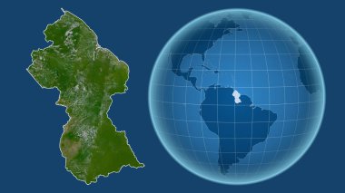 Guyana. Yakınlaştırılmış haritaya karşı ülkenin şekline sahip dünya mavi arka planda izole edilmiş. uydu resimleri