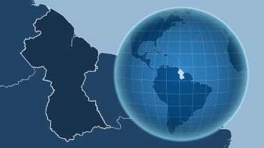 Guyana. Zoom haritasına karşı ülkenin şekline sahip bir dünya. Sadece şekiller - kara / okyanus maskesi