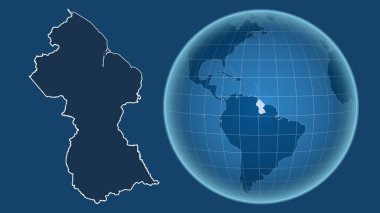 Guyana. Yakınlaştırılmış haritaya karşı ülkenin şekline sahip dünya mavi arka planda izole edilmiş. Sadece şekiller - kara / okyanus maskesi