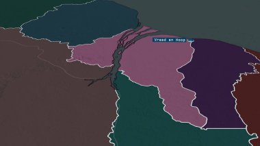 Essequibo Adaları-Batı Demerara - Guyana bölgesi büyümüş ve sermaye ile vurgulanmıştır. İdari bölümün renkli ve çarpık haritası. 3B görüntüleme