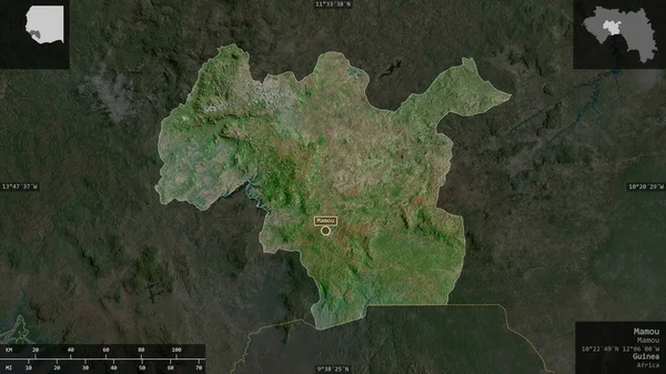 几内亚地区Mamou 卫星图像 以信息覆盖的形式呈现在其国家区域上 3D渲染 — 图库照片