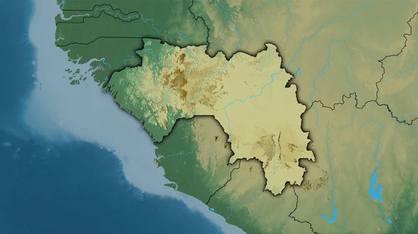 Guinea area on the topographic relief map in the stereographic projection - raw composition of raster layers with dark glowing outline