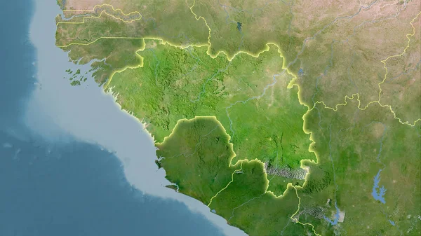 立体投影の衛星Cマップ上のギニア領域 光輝く輪郭を持つラスター層の生の組成 — ストック写真