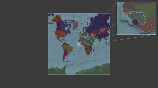从世界大比例尺地图中提取出的几内亚扩大和扩大的地区 其主要线连接了框架的各个角落 行政区划的彩色地图 — 图库照片