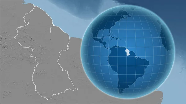 ガイアナ アウトラインを持つ拡大地図に対して国の形を持つグローブ グレースケール標高図 — ストック写真