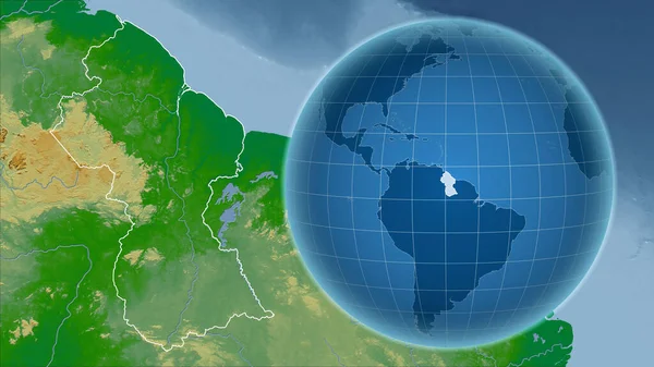 Guyana Globo Con Forma Del Paese Contro Mappa Ingrandita Con — Foto Stock