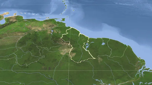 圭亚那及其邻近地区 远斜透视 轮廓轮廓 卫星图像 — 图库照片