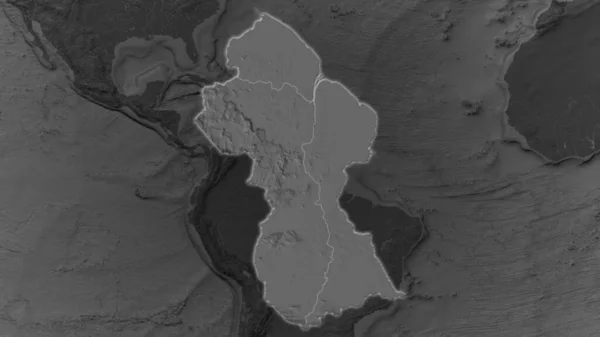 Oblast Guyany Zvětšovala Zářila Tmavém Pozadí Svého Okolí Mapa Nadmořské — Stock fotografie