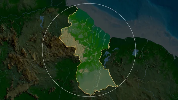 Guyana zoomed and circled. Main physical landscape features. 3D rendering
