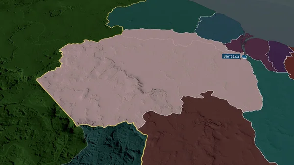 Cuyuni Mazaruni ガイアナの地域が拡大し 首都で強調表示されます 行政区画の色と衝突した地図 3Dレンダリング — ストック写真