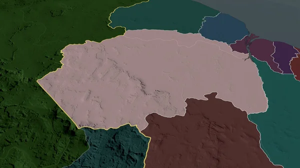 Cuyuni-Mazaruni - region of Guyana zoomed and highlighted. Colored and bumped map of the administrative division. 3D rendering