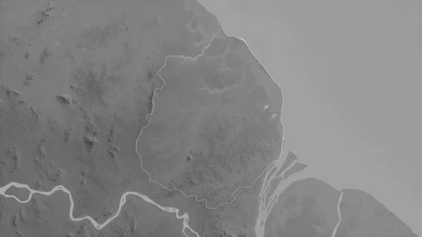 圭亚那地区的Pomeroon Supenlin 有湖泊和河流的灰度地图 形状与它的国家相对应 3D渲染 — 图库照片
