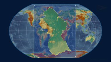 Kavrayskiy projeksiyonundaki küresel bir haritaya karşı perspektif çizgileriyle Guyana 'nın görüntüsünü yakınlaştırdım. Şekil merkezli. topografik yardım haritası