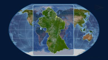 Kavrayskiy projeksiyonundaki küresel bir haritaya karşı perspektif çizgileriyle Guyana 'nın görüntüsünü yakınlaştırdım. Şekil merkezli. uydu resimleri