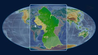 Mollweide projeksiyonundaki küresel bir haritaya karşı perspektif çizgileriyle Guyana 'nın görüntüsünü yakınlaştırdım. Şekil merkezli. renk fiziksel haritası