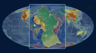 Mollweide projeksiyonundaki küresel bir haritaya karşı perspektif çizgileriyle Guyana 'nın görüntüsünü yakınlaştırdım. Şekil merkezli. topografik yardım haritası