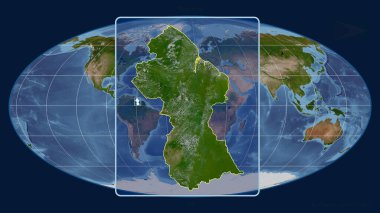 Mollweide projeksiyonundaki küresel bir haritaya karşı perspektif çizgileriyle Guyana 'nın görüntüsünü yakınlaştırdım. Şekil merkezli. uydu resimleri