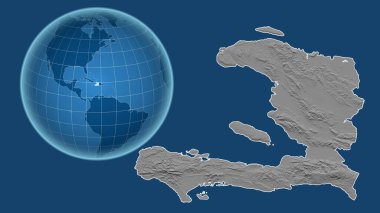 Haiti. Yakınlaştırılmış haritaya karşı ülkenin şekline sahip dünya mavi arka planda izole edilmiş. Gri tonlama yükseklik haritası