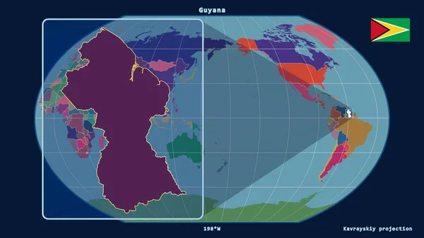 Zoomed View Guyana Outline Perspective Lines Global Map Kavrayskiy Projection — Stock Photo, Image