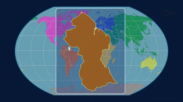 以透视线与Kavrayskiy投影中的全球地图对齐的圭亚那的缩放视图 形体中心 各大洲的彩色地图 — 图库照片