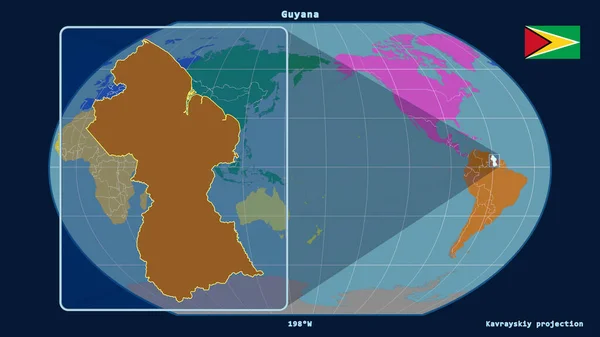 Zoomed View Guyana Outline Perspective Lines Global Map Kavrayskiy Projection — Stock Photo, Image