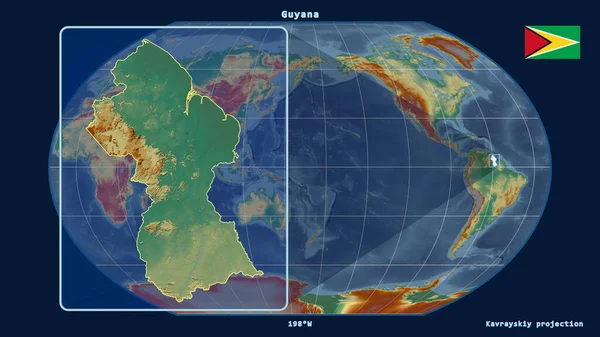 Zoomed-in view of Guyana outline with perspective lines against a global map in the Kavrayskiy projection. Shape on the left side. topographic relief map