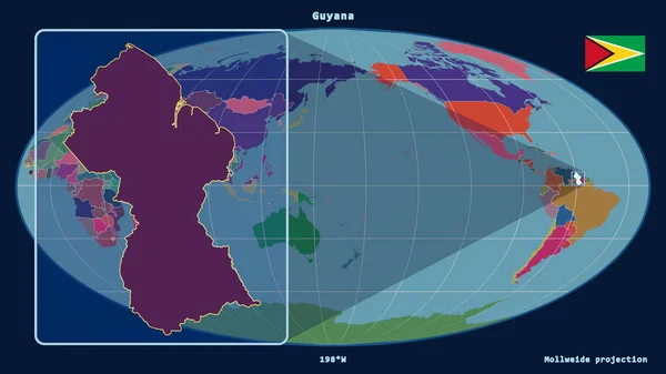 Zoomed View Guyana Outline Perspective Lines Global Map Mollweide Projection — Stock Photo, Image