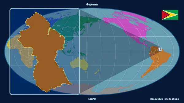 Zoomad Guyana Skissera Med Perspektiv Linjer Mot Global Karta Mollweide — Stockfoto