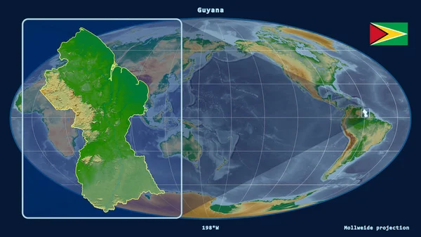 Zoomed View Guyana Outline Perspective Lines Global Map Mollweide Projection — Stock Photo, Image