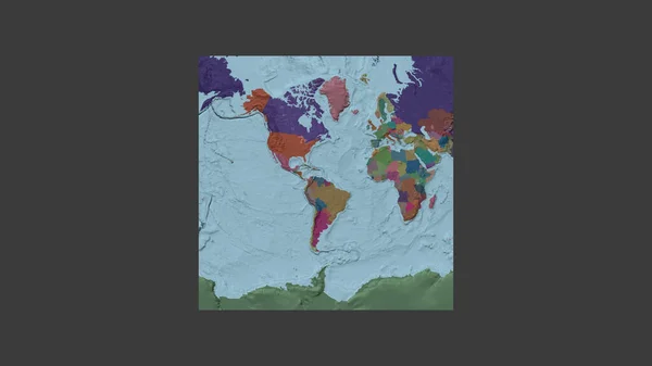 ガイアナの領土を中心に斜めのヴァン グリンテン投影で世界の大規模な地図の正方形のフレーム 行政庁のカラーマップ — ストック写真