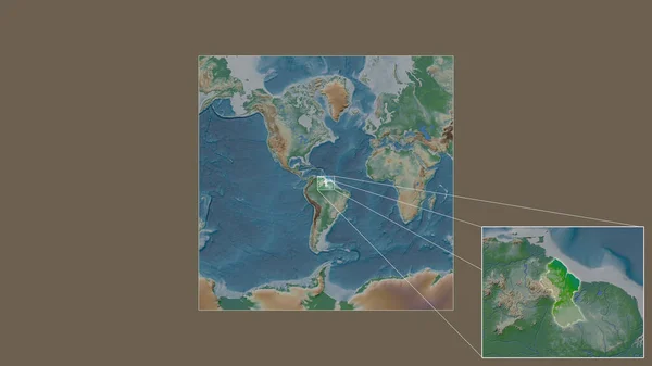 圭亚那扩大和扩大的地区是从世界大比例尺地图中提取出来的 其主要线连接了框架的各个角落 彩色物理图 — 图库照片