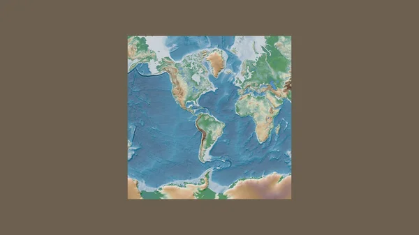 世界大比例尺地图的正方形框架 呈倾斜的范德格林登投影 以圭亚那领土为中心 彩色物理图 — 图库照片