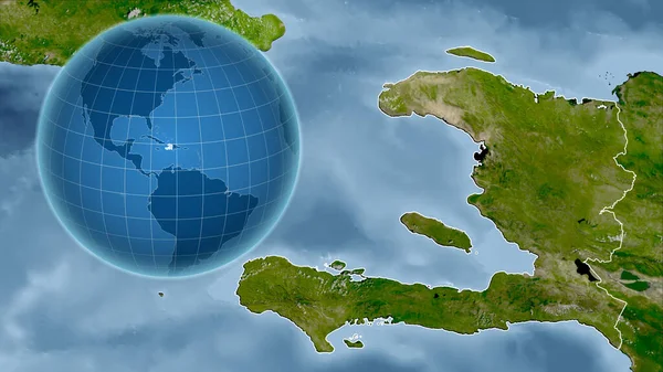 Haiti Globe Tvarem Země Proti Zvětšené Mapě Jeho Obrysem Satelitní — Stock fotografie