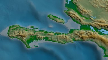 Sud, Haiti Bölümü. Gölleri ve nehirleri olan renkli gölge verileri. Ülke alanına göre şekillendirilmiş. 3B görüntüleme