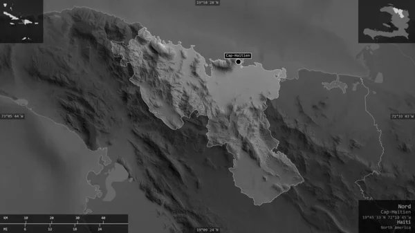 Nord Departement Haiti Graustufige Karte Mit Seen Und Flüssen Gestalt — Stockfoto