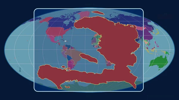 モルワイド予測の世界地図に対する視点線でハイチのアウトラインを拡大表示しました 形を中心に 行政区画のカラーマップ — ストック写真